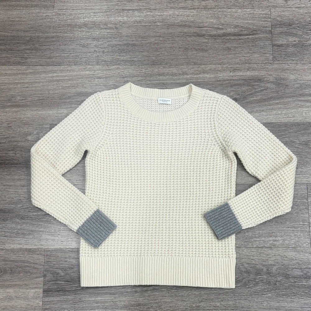 Club Monaco Sweater Cashmere Crewneck Classic  Cream with Gray Trim Neutral